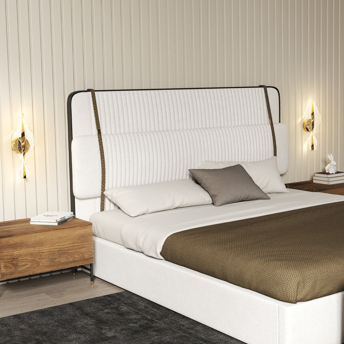 White upholstered bed with tufted headboard and black metal frame next to homcom led wall lights 3000k 4000k 6500k for living room