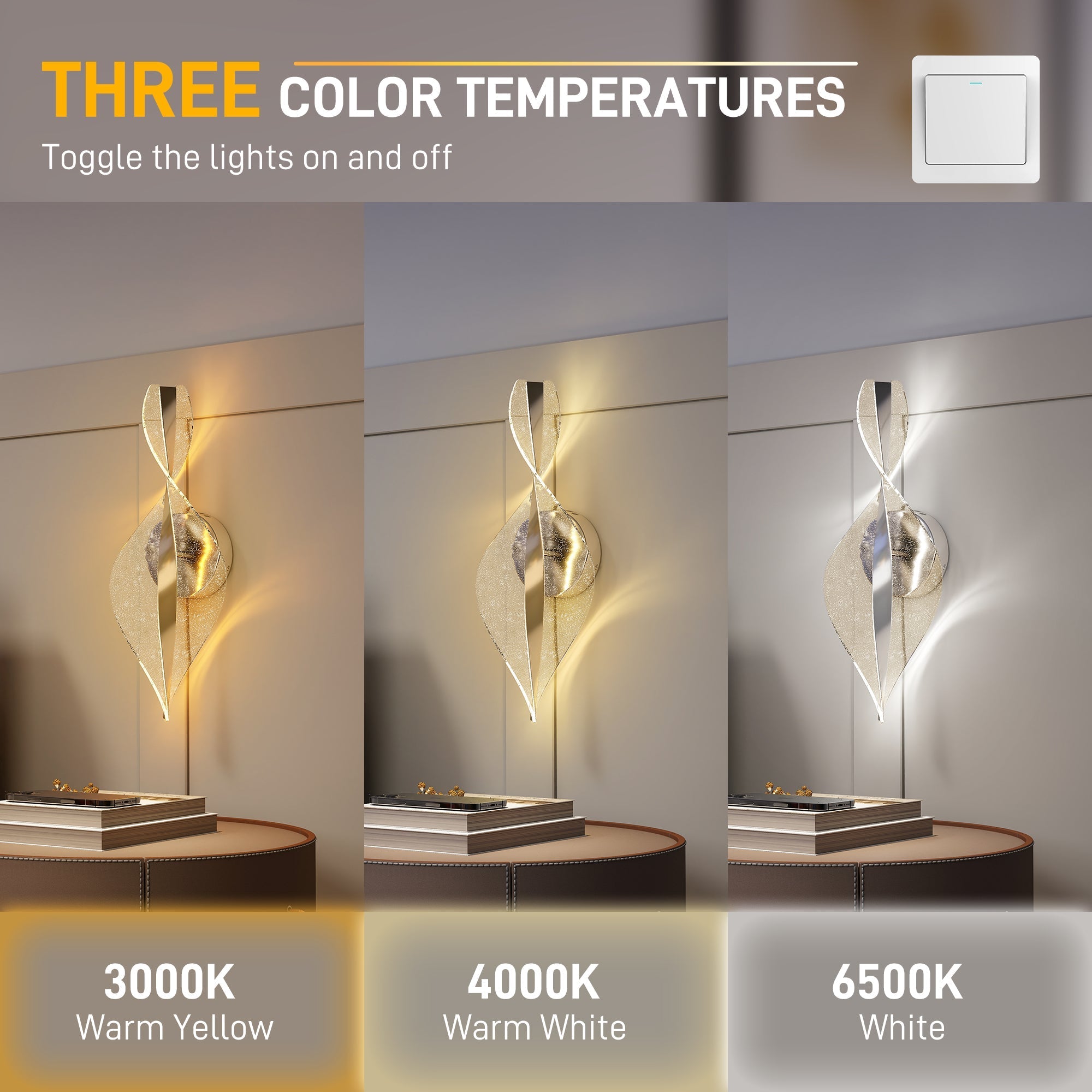 Modern silver tone led wall lights with twisted metal and clear glass accents for living room 3000k 4000k 6500k color temp