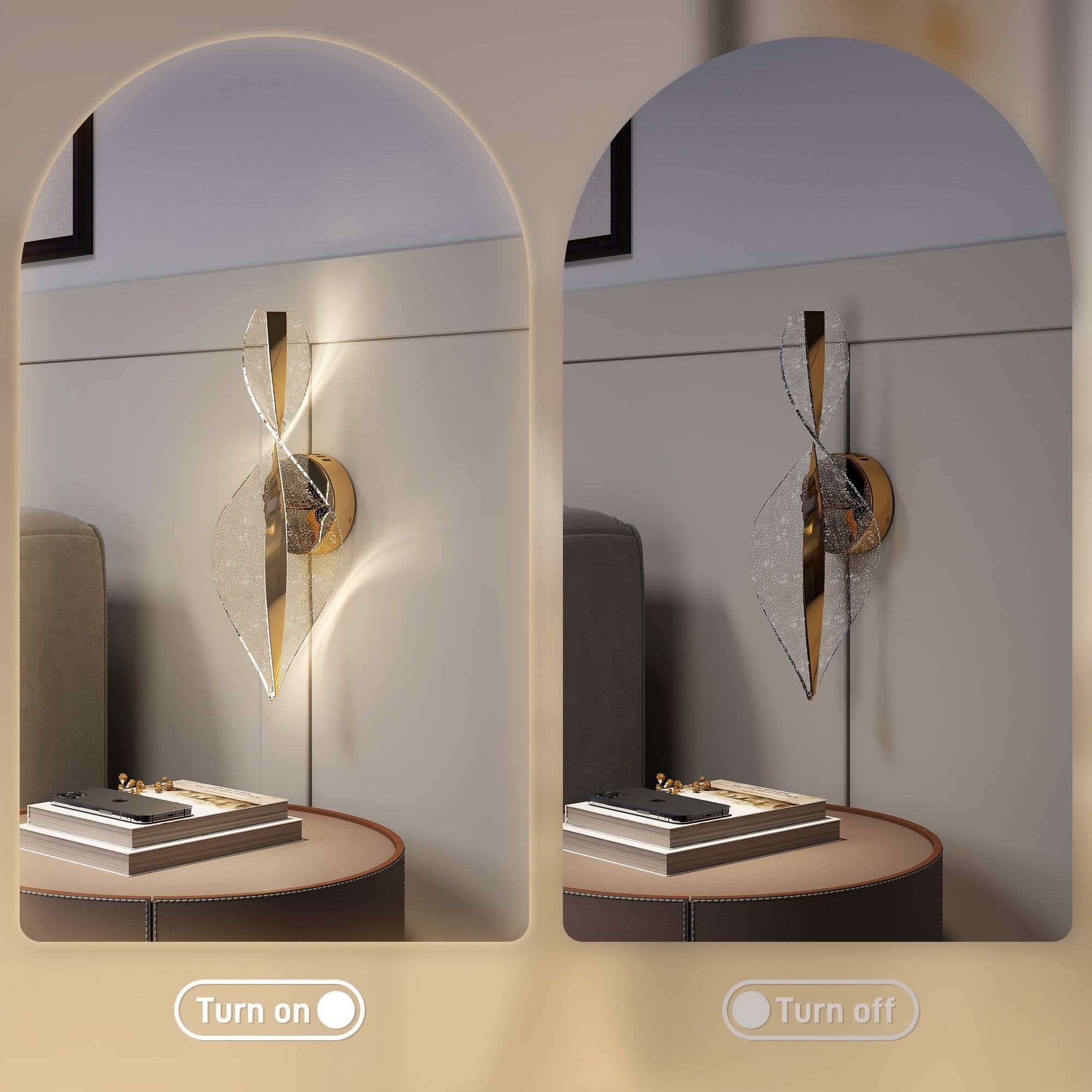 Modern gold tone led wall light with twisted crystal design and adjustable 3000k 4000k 6500k for living room