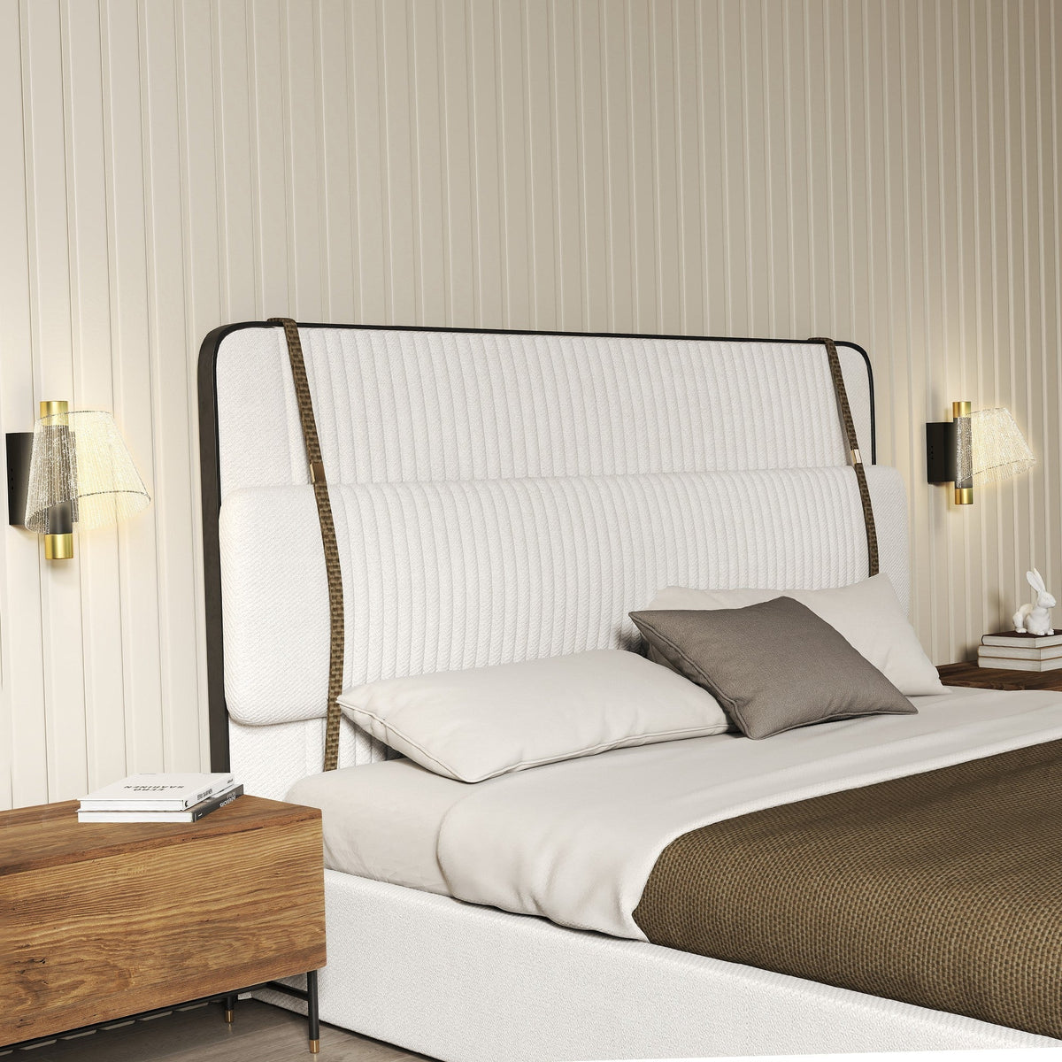 White upholstered bed headboard with black metal frame and brown straps next to homcom led wall lamp 3000k 4000k 6500k