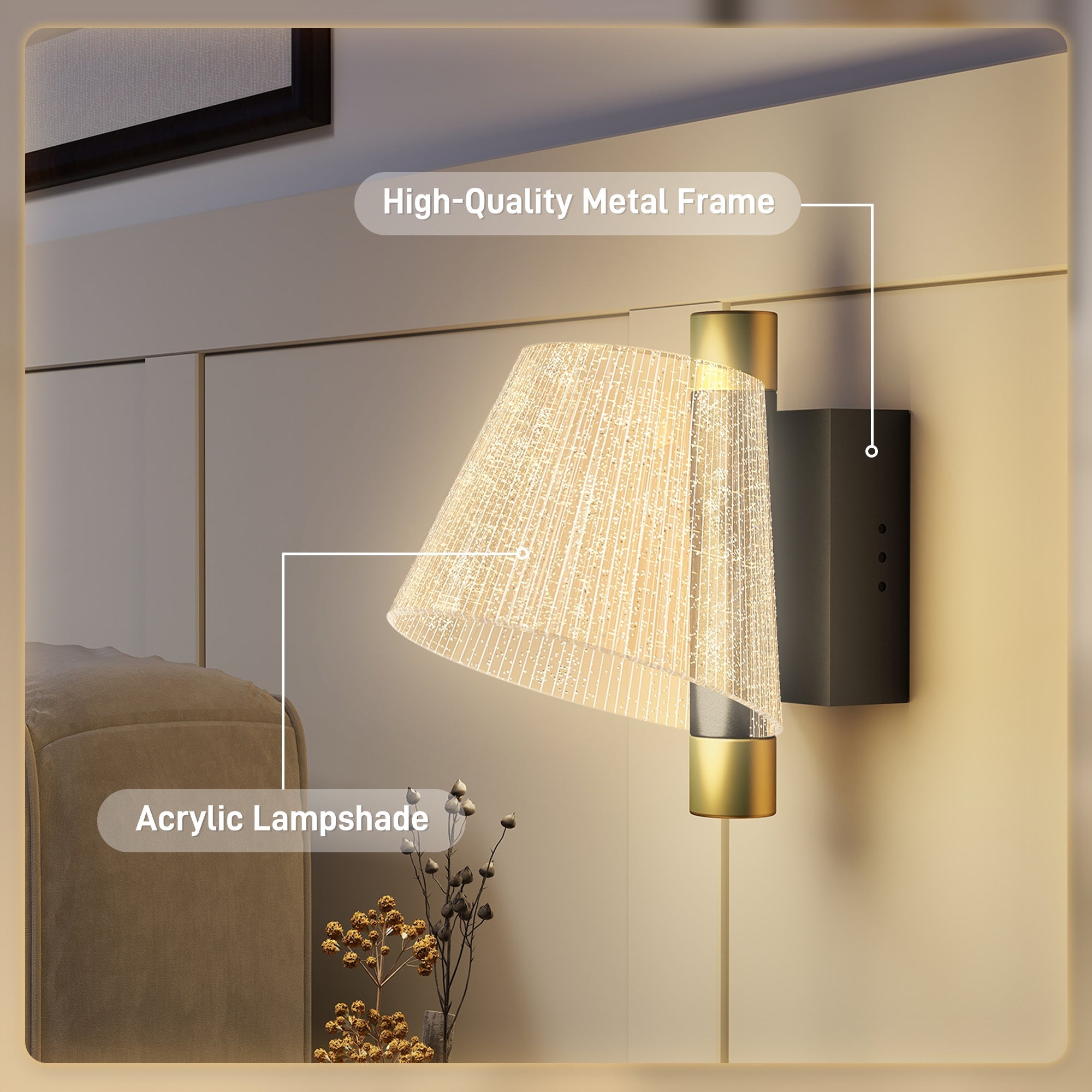Modern homcom led wall lamp with gold metal frame and acrylic shade glowing vertical lines adjustable 3000k 4000k 6500k lighting