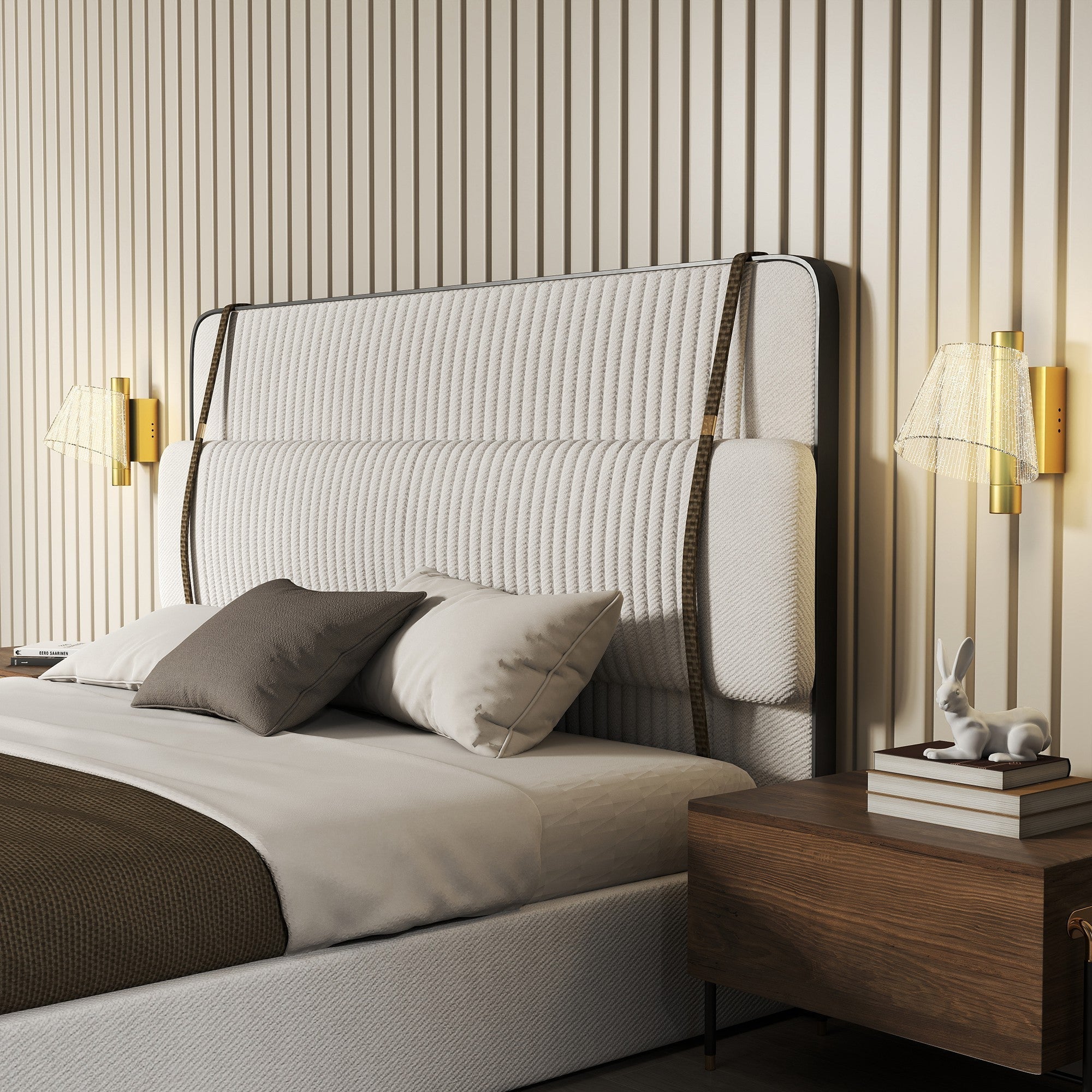 Modern upholstered bed headboard with textured white fabric and dark brown leather straps shown with homcom led wall lamp 3000k 4000k 6500k