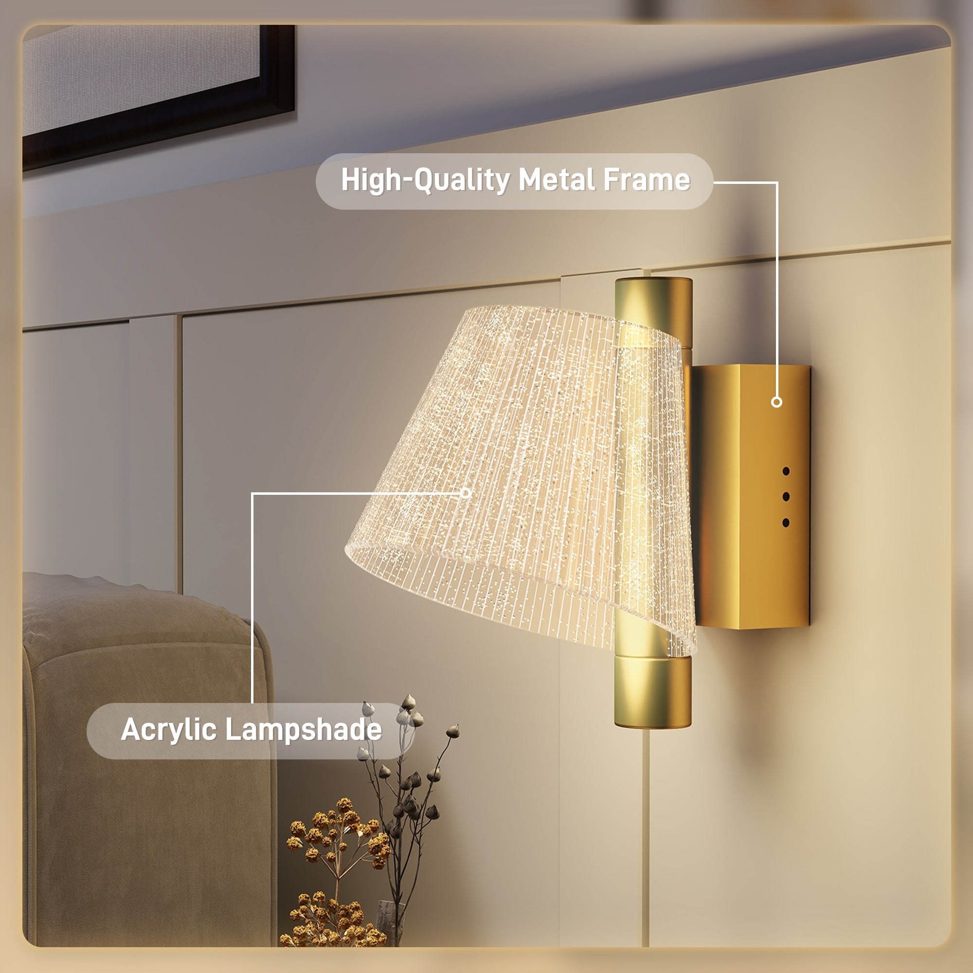 Gold-toned homcom led wall lamp with textured acrylic shade adjustable 3000k 4000k 6500k for bedroom and hallway