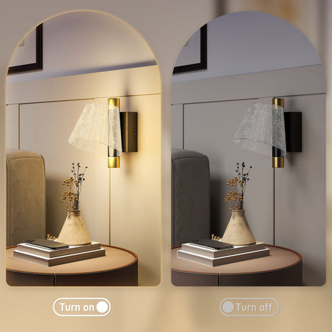 Gold-toned led wall sconce with textured fabric shade for indoor use adjustable 3000k 4000k 6500k lighting