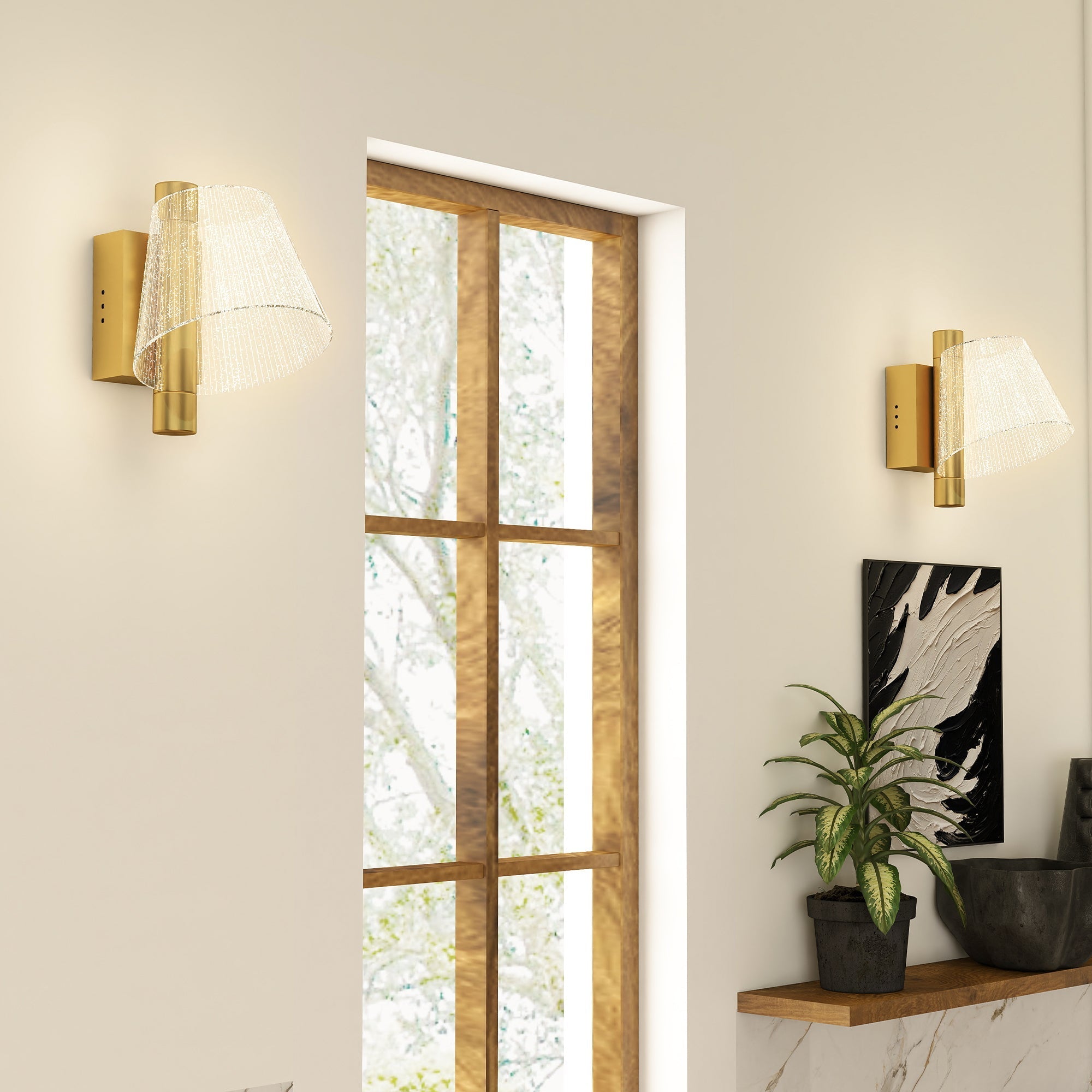 Gold finished led wall sconce with textured translucent white fabric shade adjustable 3000k 4000k 6500k lighting