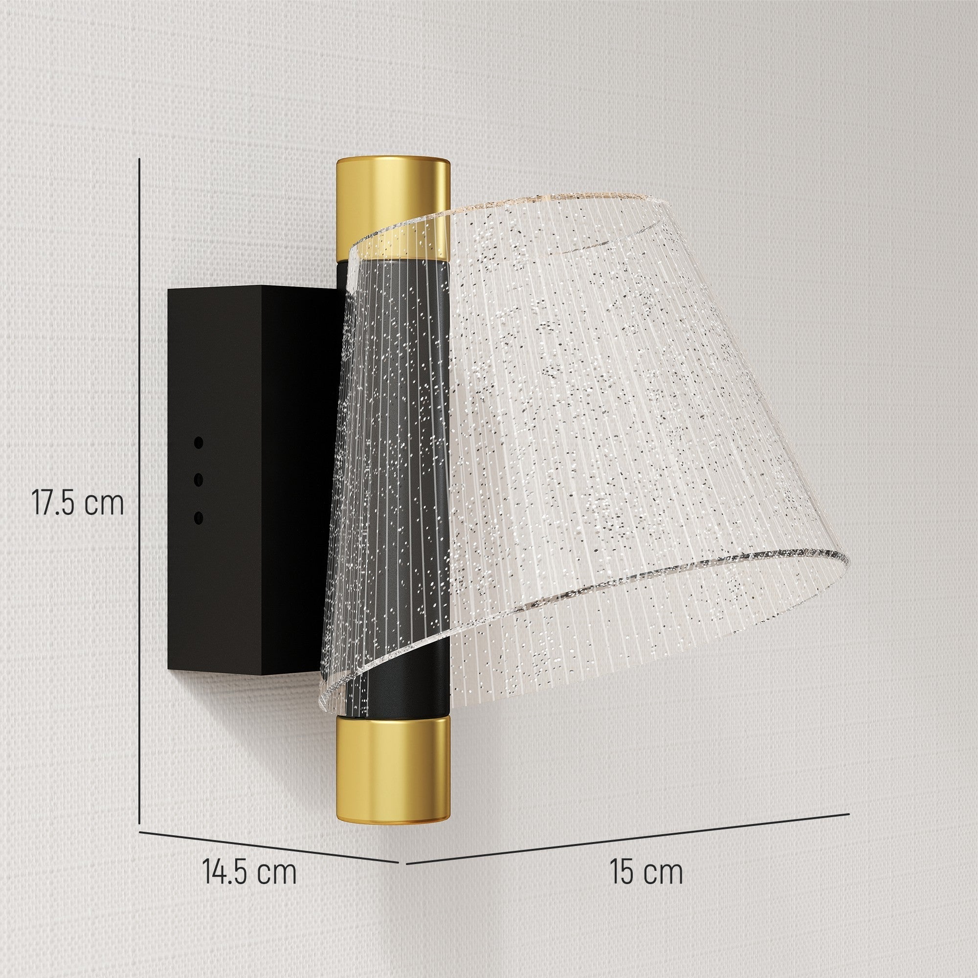 Modern black led wall sconce with gold accents and textured glass shade adjustable 3000k 4000k 6500k light
