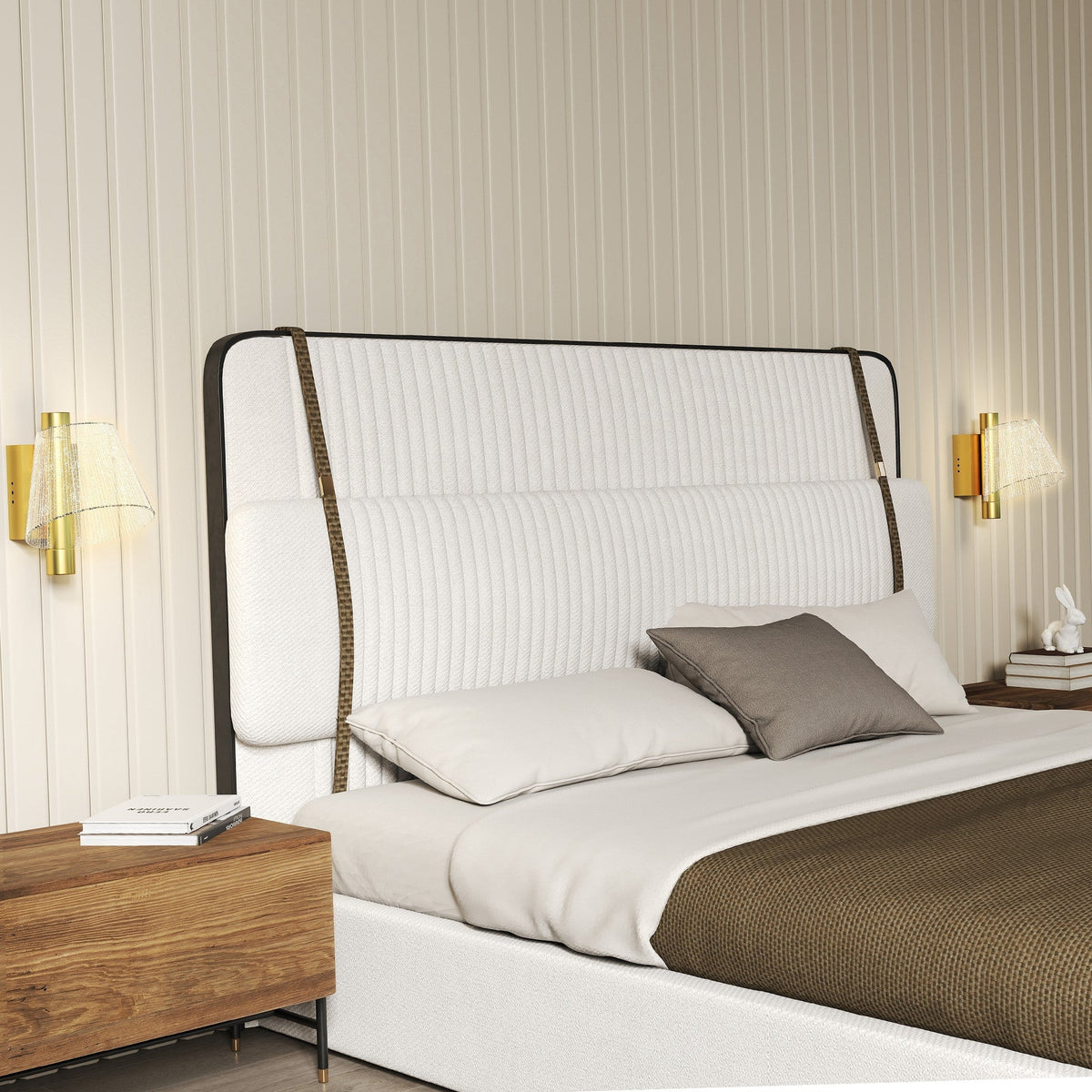 White upholstered bed with ribbed headboard and dark metal frame shown with homcom led wall lamp in gold tone 3000k 4000k 6500k