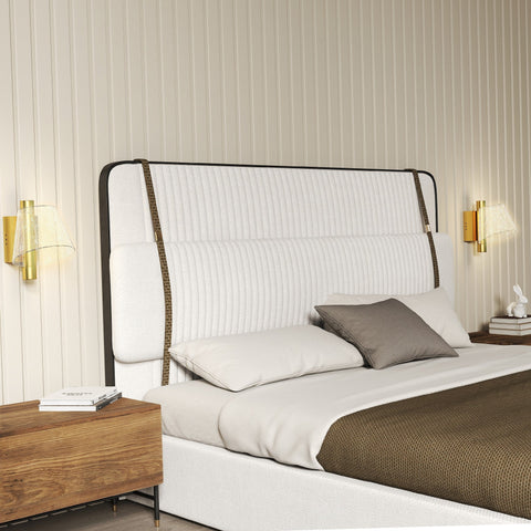 White upholstered bed with ribbed headboard and dark metal frame shown with homcom led wall lamp in gold tone 3000k 4000k 6500k
