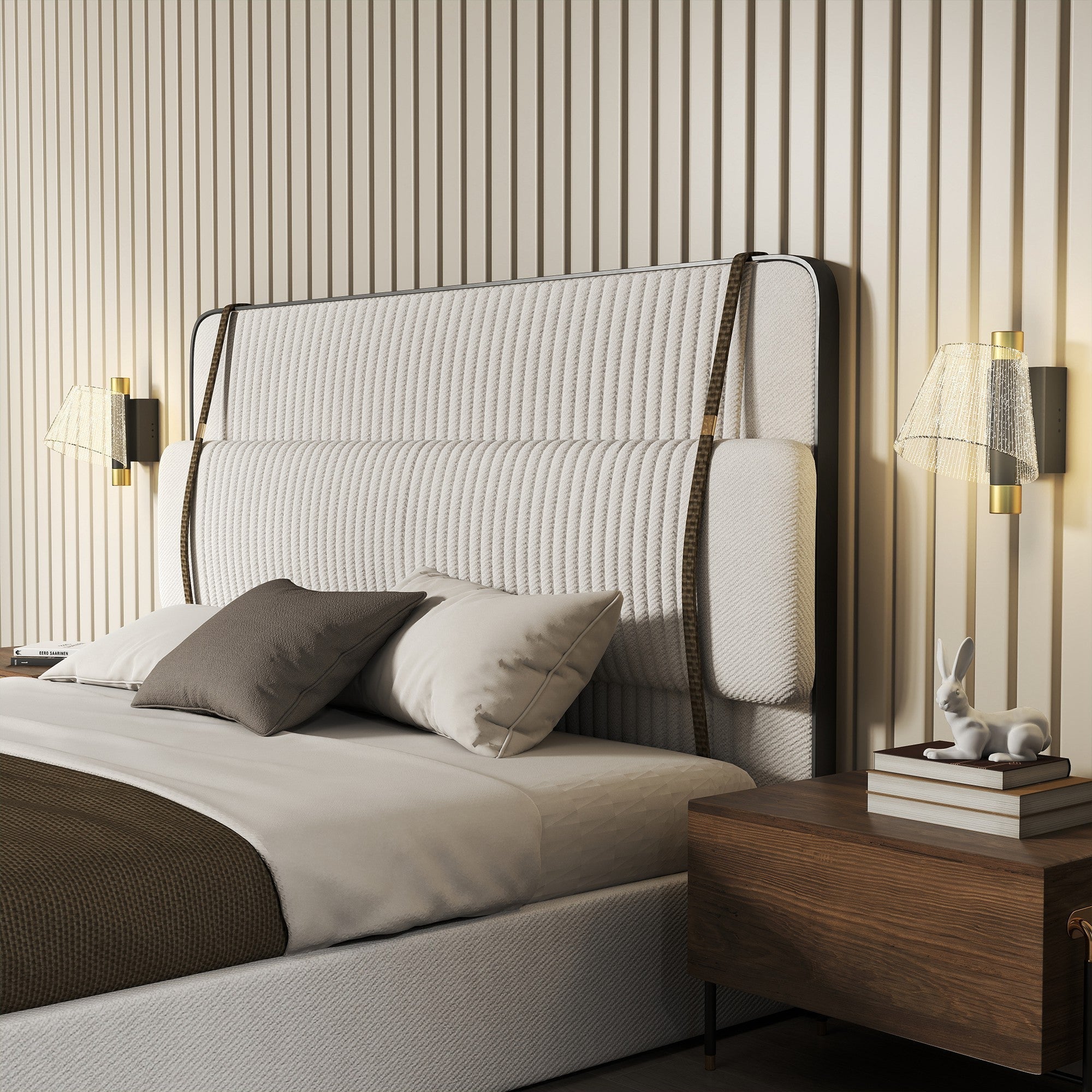 Modern upholstered bed headboard with textured white fabric and dark metal frame fits 3000k 4000k 6500k led wall lamps