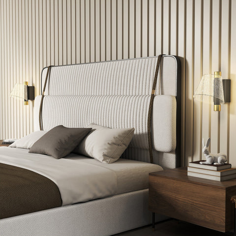 Modern upholstered bed headboard with textured white fabric and dark metal frame fits 3000k 4000k 6500k led wall lamps