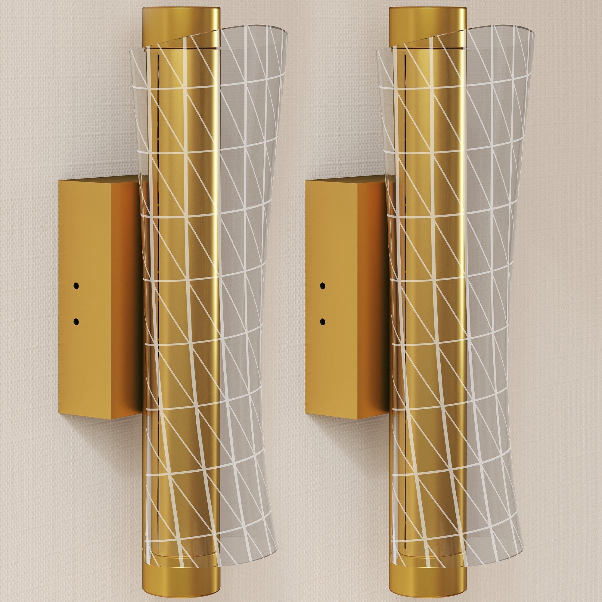 Gold finished led wall sconces with translucent glass shades and white geometric mesh design for living room lighting