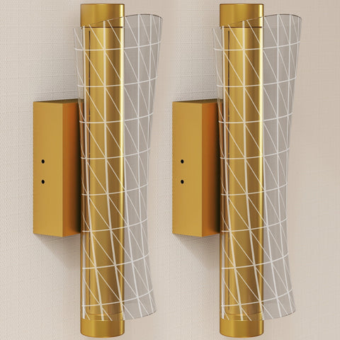 Gold finished led wall sconces with translucent glass shades and white geometric mesh design for living room lighting