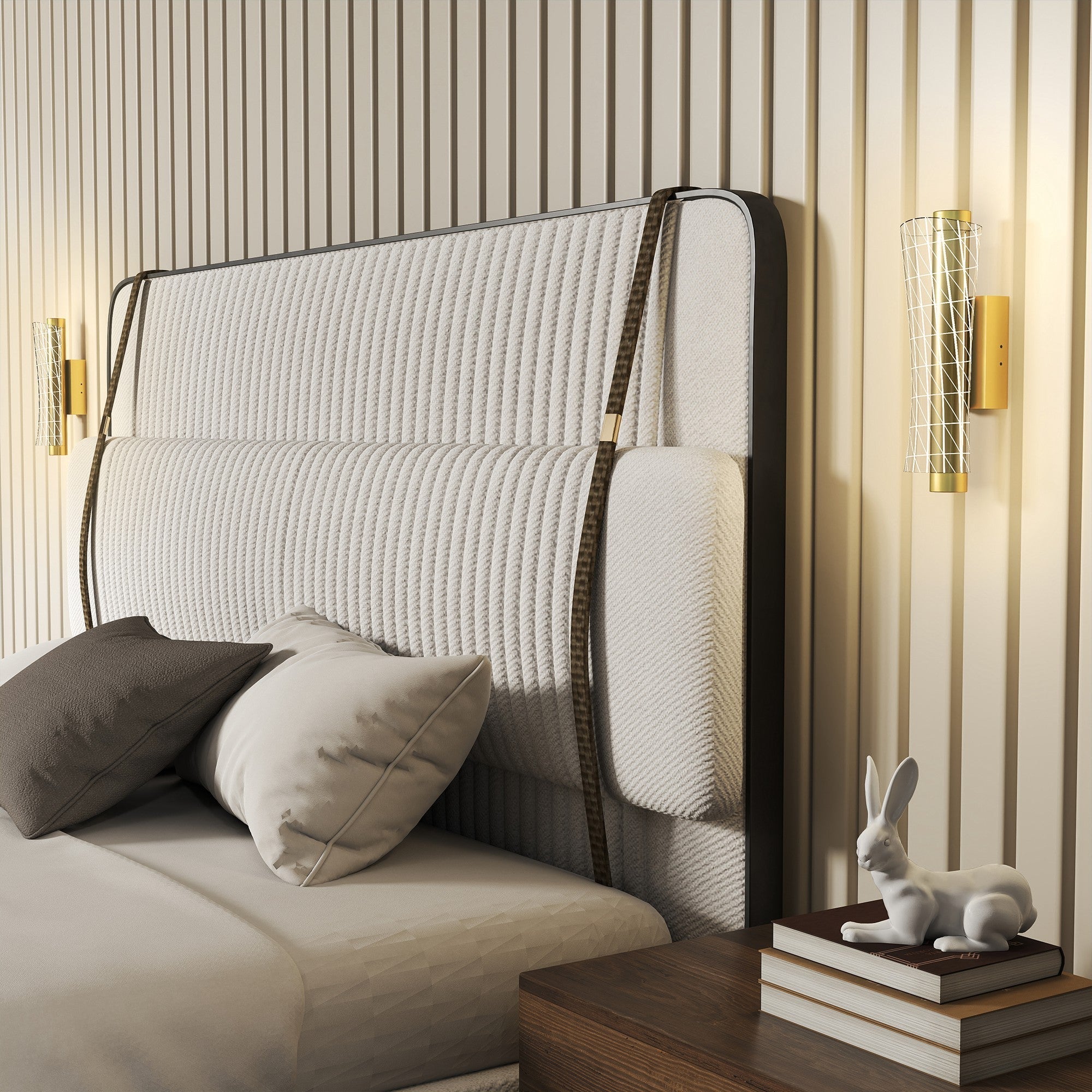Modern upholstered bed headboard with textured off-white fabric dark metal frame and decorative brown leather straps in living room