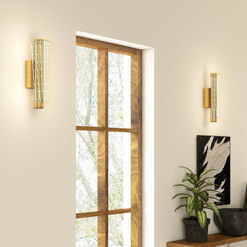 Gold finished homcom led wall sconce with geometric mesh design perfect for living room or hallway lighting