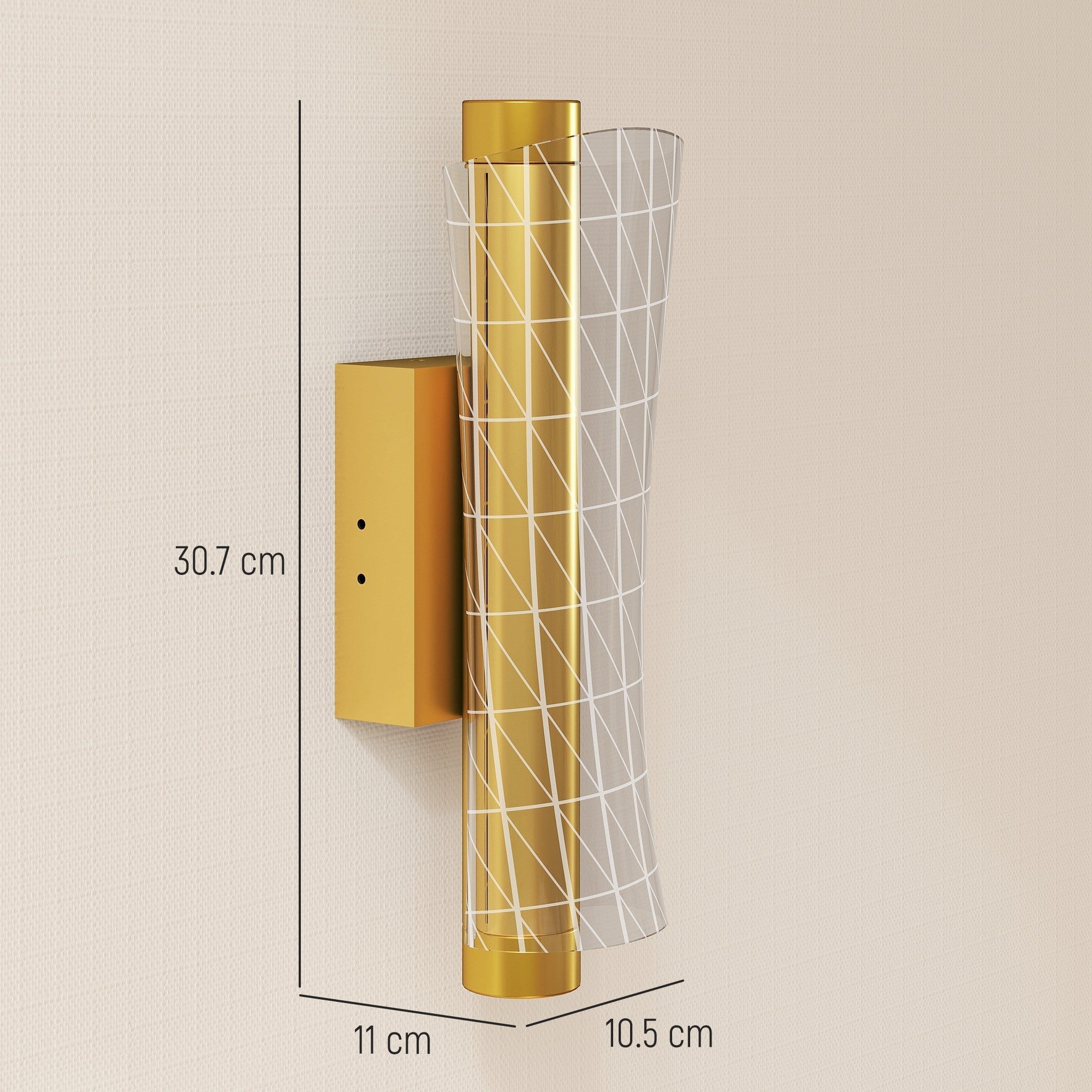 Gold-finished modern wall sconce with geometric mesh design and translucent glass diffuser for living room lighting
