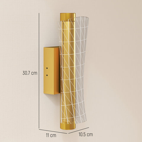 Gold-finished modern wall sconce with geometric mesh design and translucent glass diffuser for living room lighting