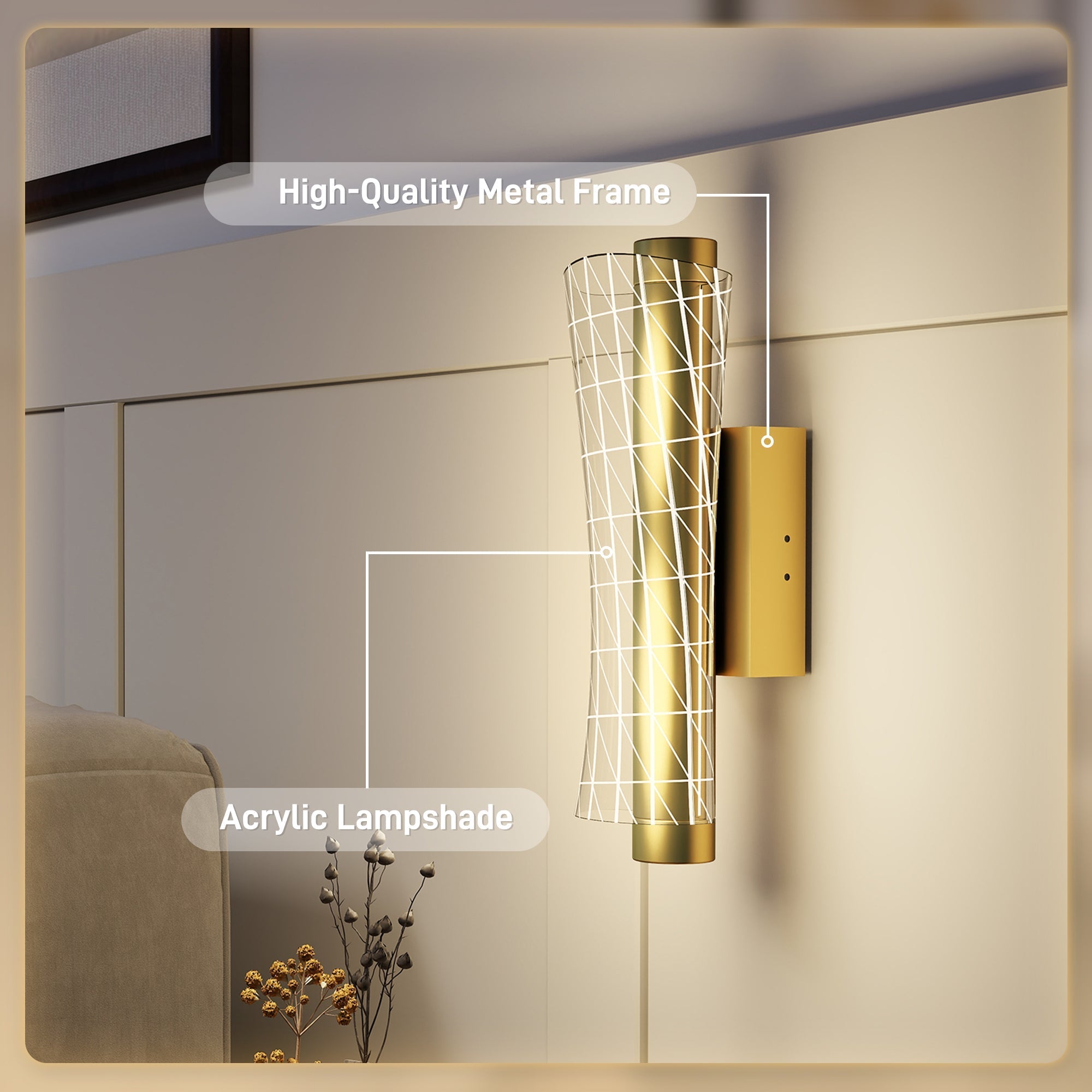 Gold-toned homcom led wall lamp with geometric mesh acrylic shade for living room and indoor lighting