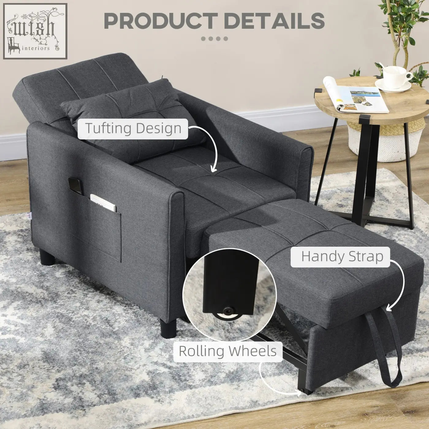 Dark gray homcom linen look chair bed with tufted design, rolling wheels, and a handy strap for easy mobility