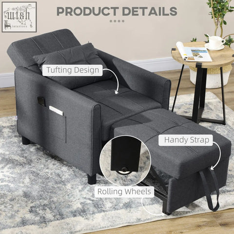 Dark gray homcom linen look chair bed with tufted design, rolling wheels, and a handy strap for easy mobility