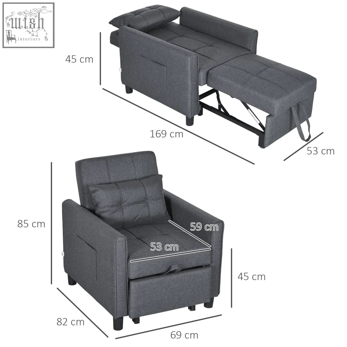 Gray upholstered homcom linen-look chair bed with tufted fabric and black metal frame for comfy seating and sleeping