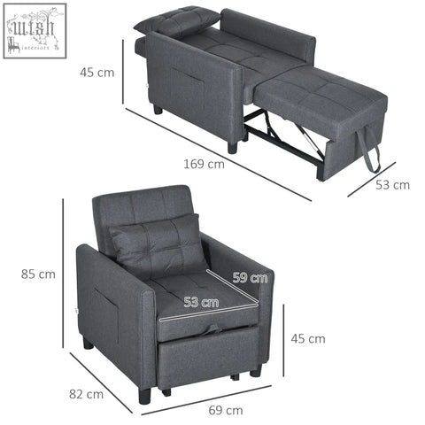 Gray upholstered homcom linen-look chair bed with tufted fabric and black metal frame for comfy seating and sleeping