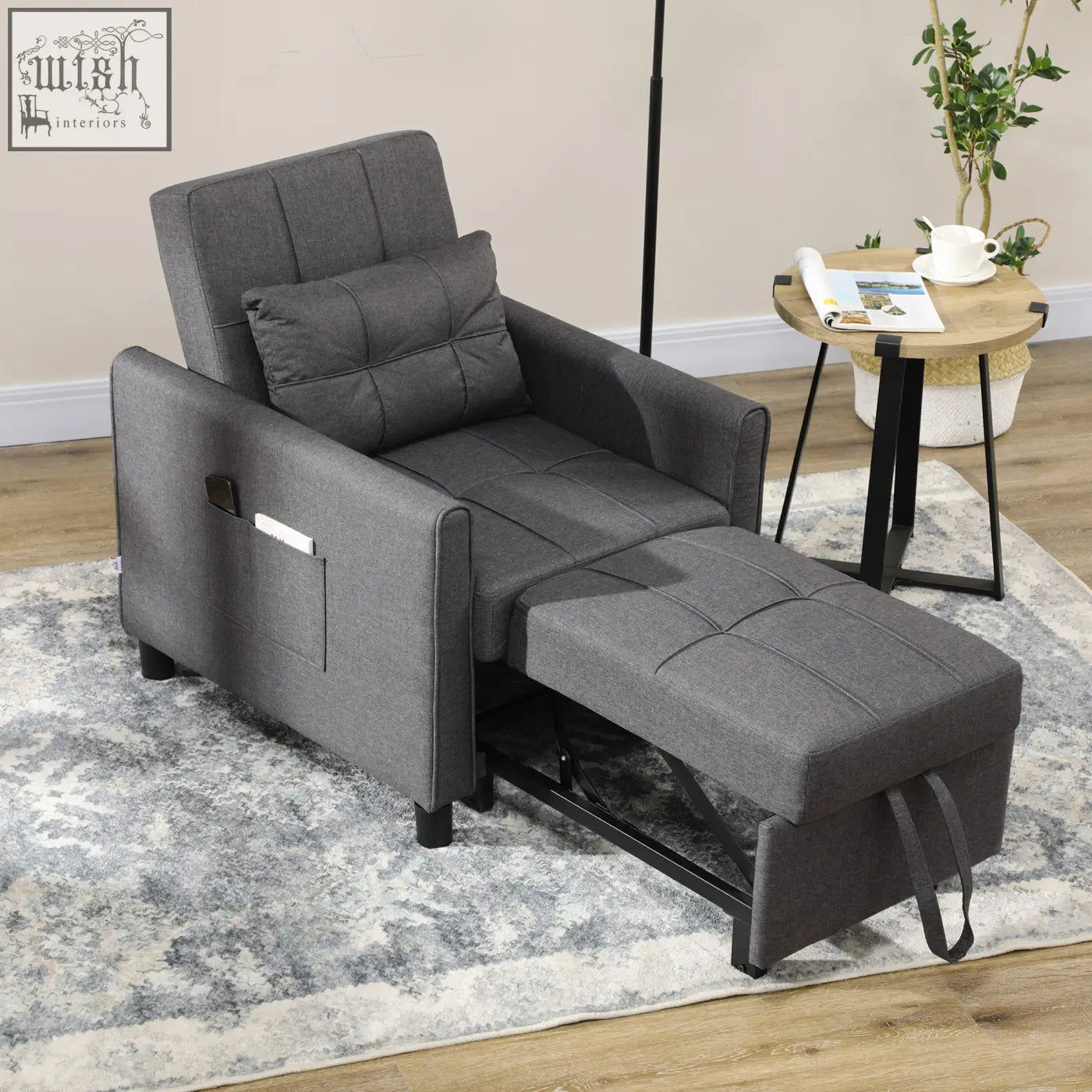 Gray homcom linen look chair bed with tufted design and matching ottoman in grey upholstery