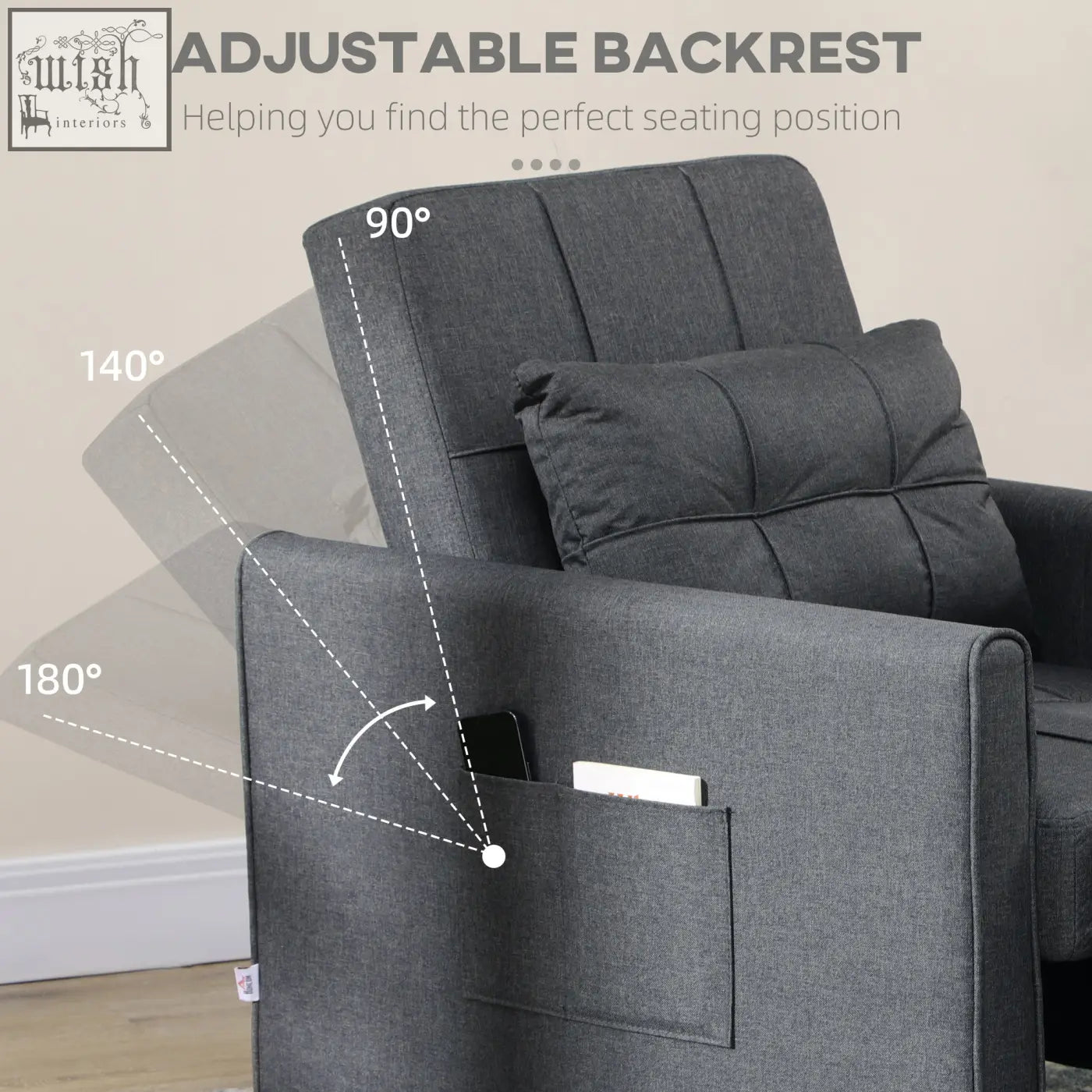 Gray homcom linen-look chair bed with adjustable backrest and side pocket for c2 b0 comfort and style
