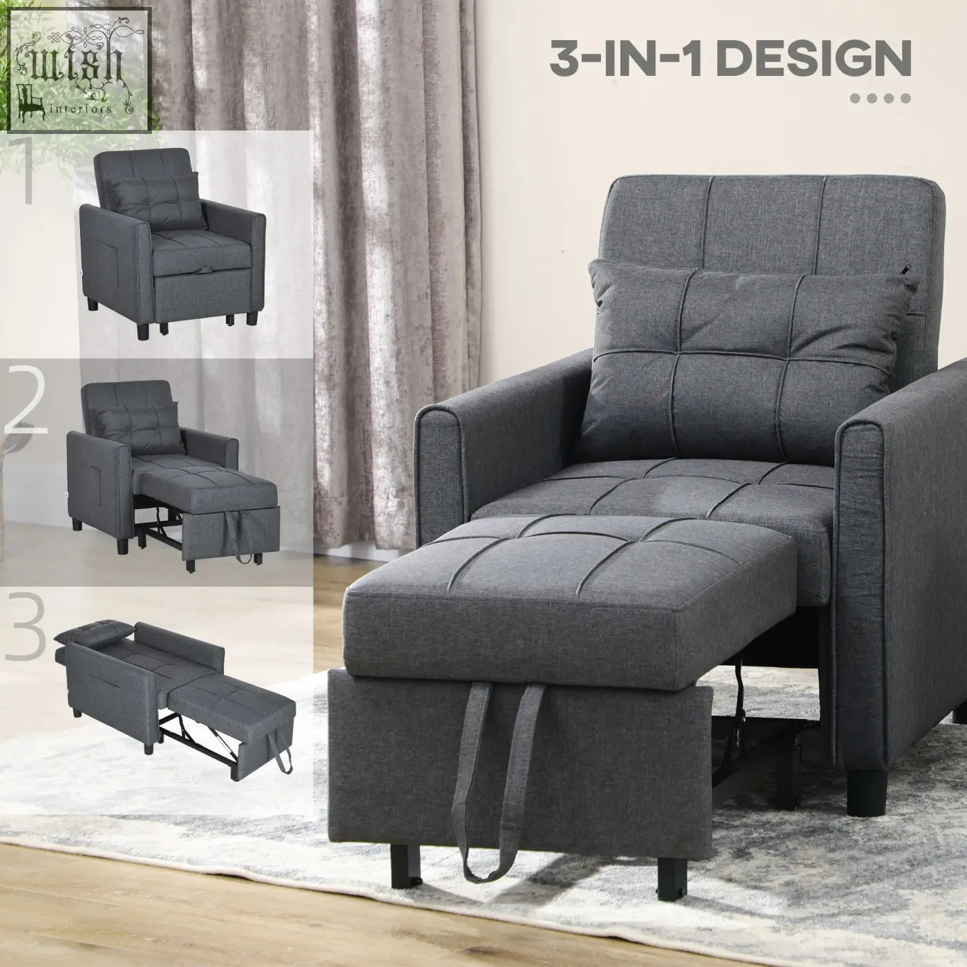 Gray homcom linen 3-in-1 chair bed with tufted upholstery and matching ottoman for versatile seating and sleeping