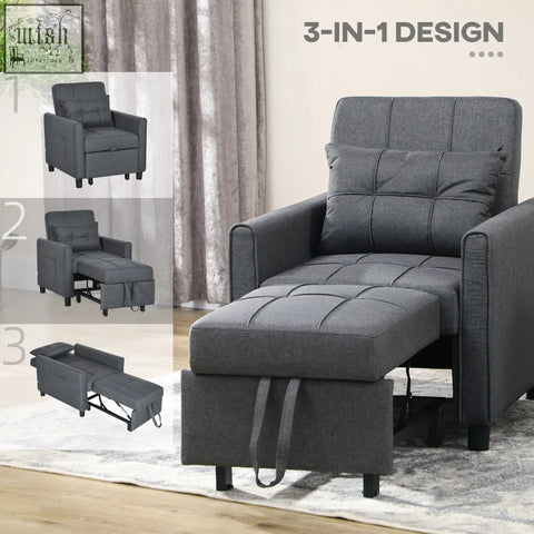 Gray homcom linen 3-in-1 chair bed with tufted upholstery and matching ottoman for versatile seating and sleeping