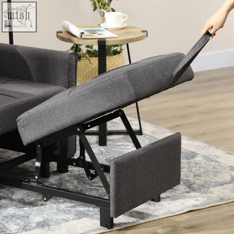 Homcom linen-look grey chair bed with gray fabric, black metal frame, adjustable armrests, and 45hcm seat height