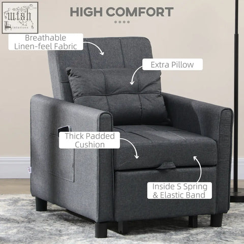 Gray homcom chair bed with breathable linen-look fabric, thick padding, extra pillow, and 45hcm seat height