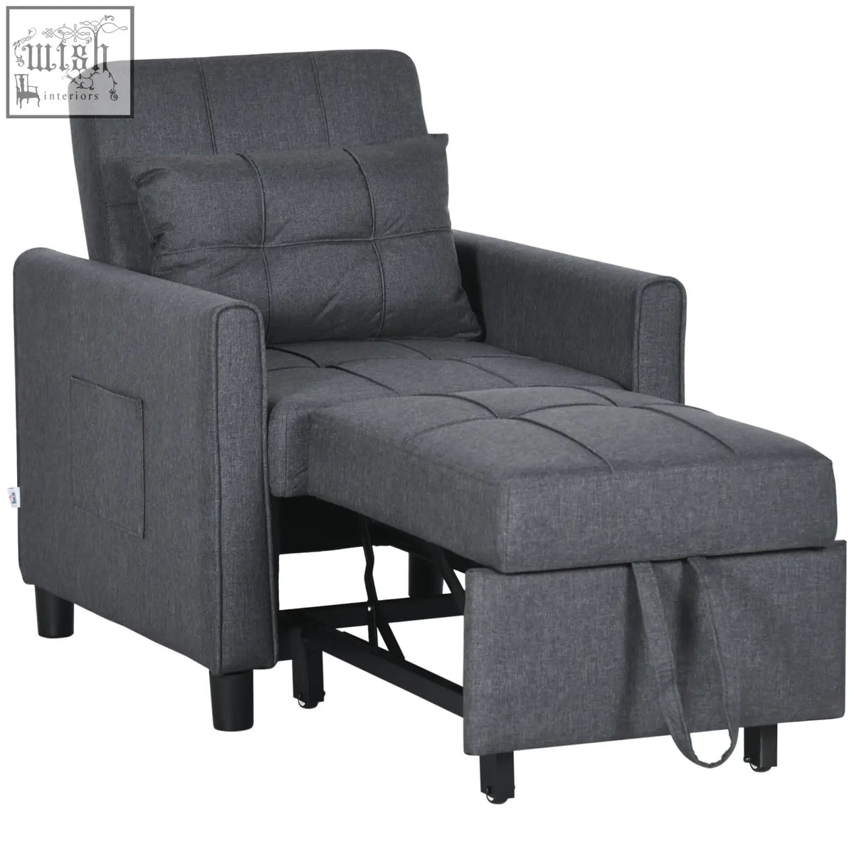 Grey linen-look chair bed with tufted fabric cushion and 45hcm seat featuring storage compartment beneath seat