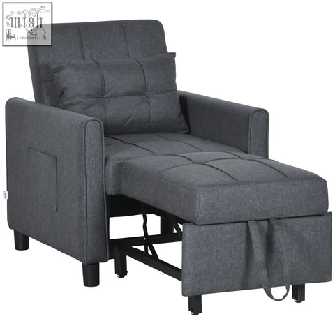 Grey linen-look chair bed with tufted fabric cushion and 45hcm seat featuring storage compartment beneath seat