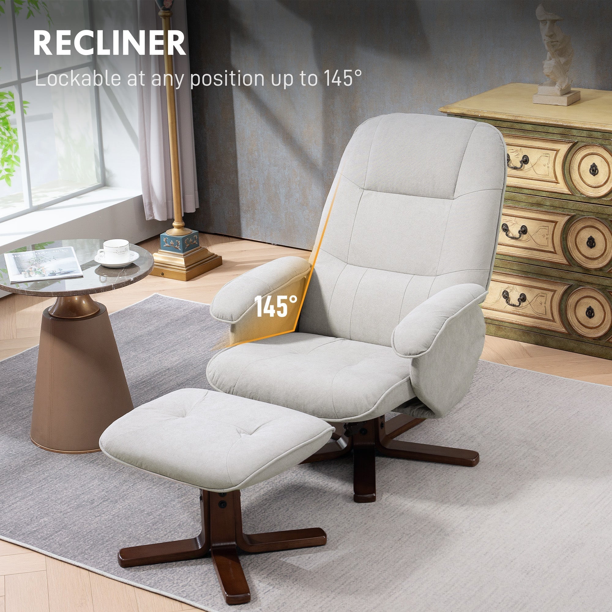 Light grey linen-look upholstered recliner chair with plush cushions and wooden bases with matching ottoman for living room