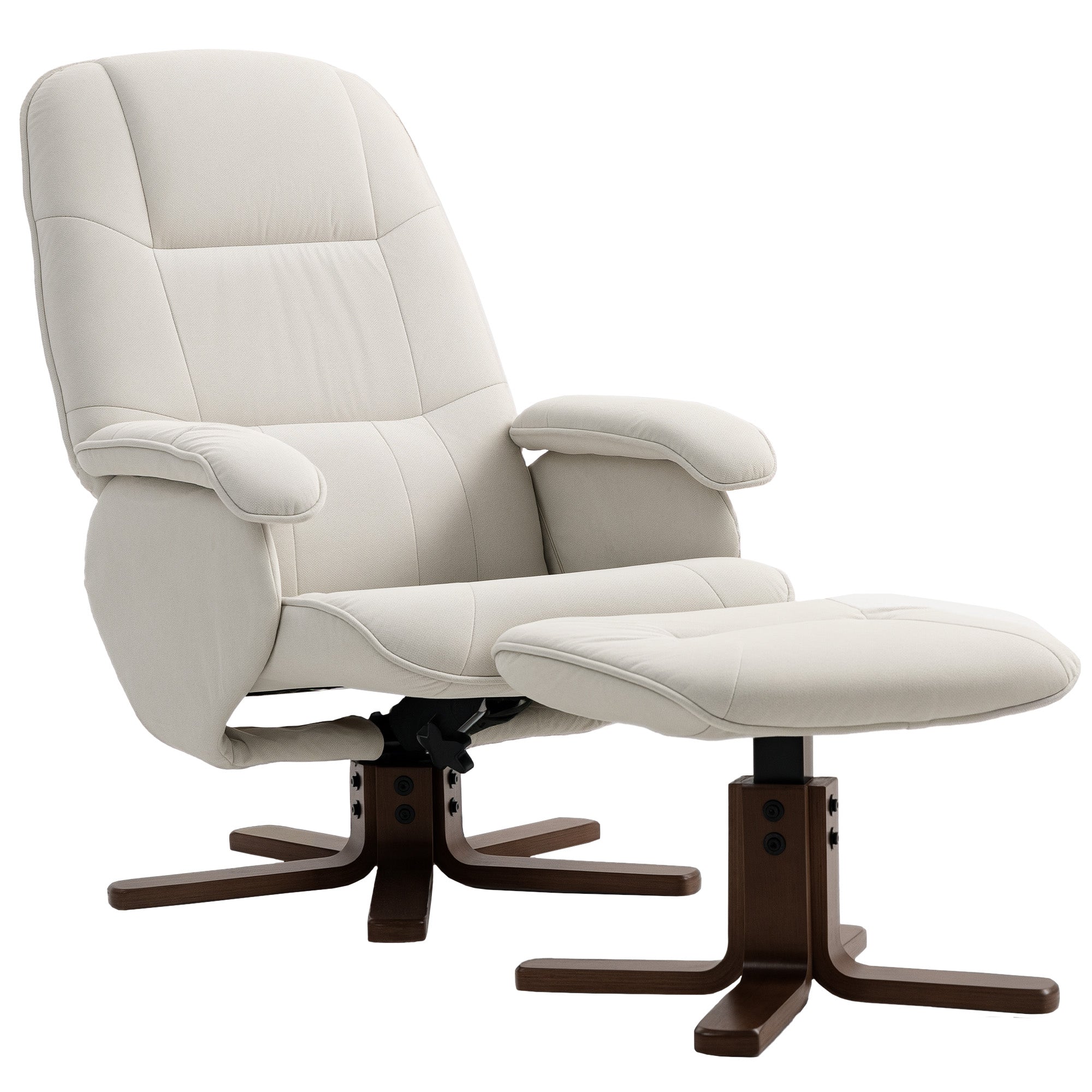Cream-colored recliner chair with linen-look upholstery and dark wooden legs featuring matching ottoman for living room