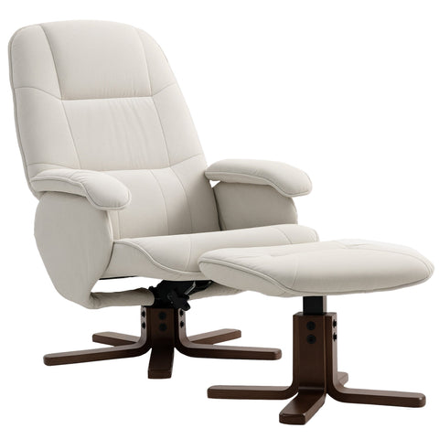 Cream-colored recliner chair with linen-look upholstery and dark wooden legs featuring matching ottoman for living room