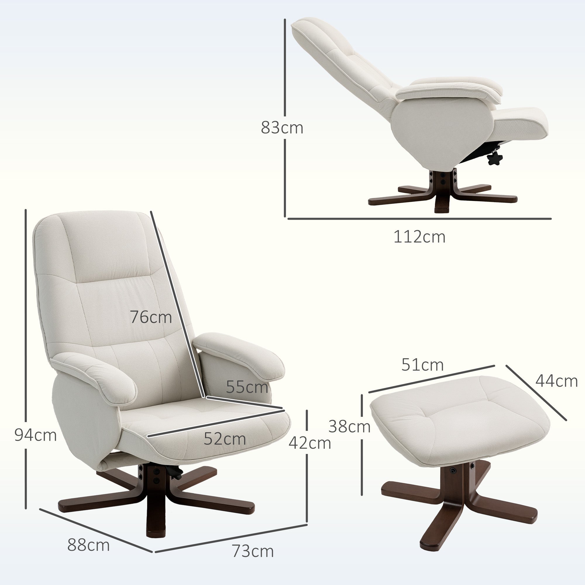 Homcom linen swivel recliner chair in beige with dark wood base and matching ottoman featuring linen-look upholstery and reclining armchair design
