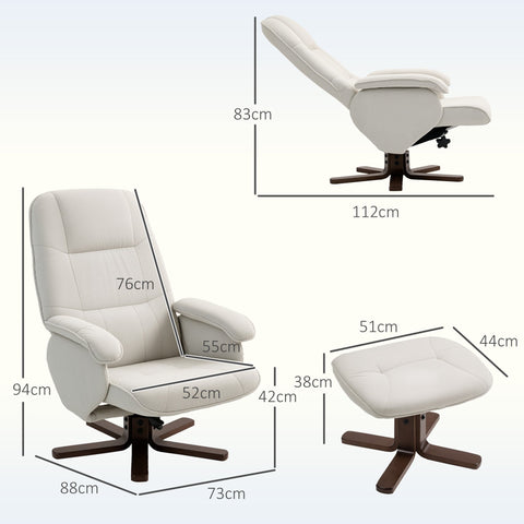 Homcom linen swivel recliner chair in beige with dark wood base and matching ottoman featuring linen-look upholstery and reclining armchair design