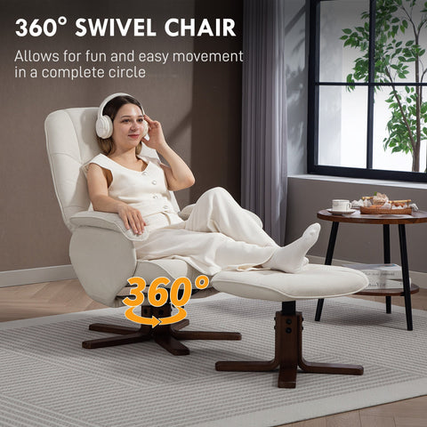 Cream linen-look recliner chair with dark wood swivel base and matching ottoman perfect for living room lounging