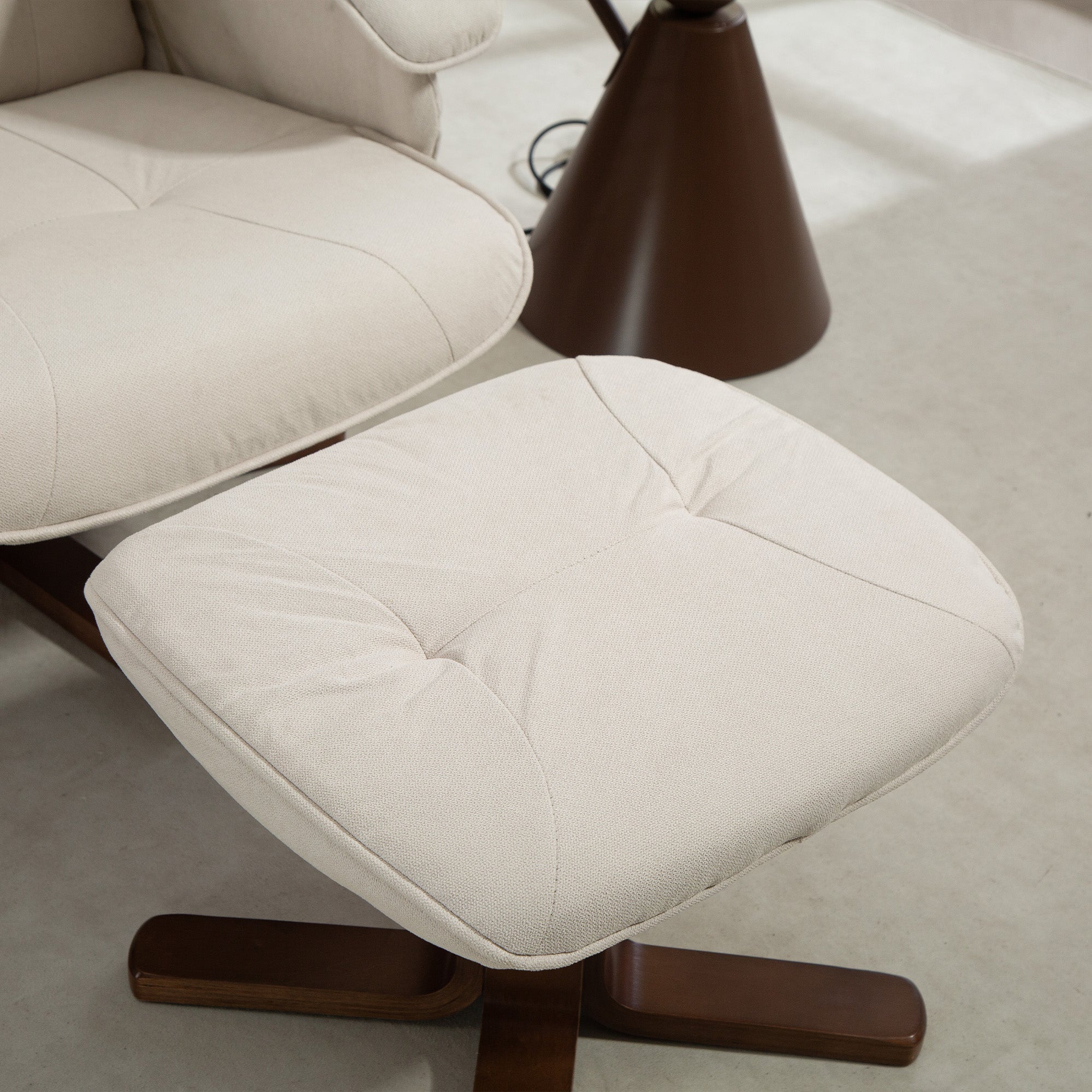 Cream-colored ottoman with tufted linen-look upholstery and dark wooden base from homcom recliner chair footstool set