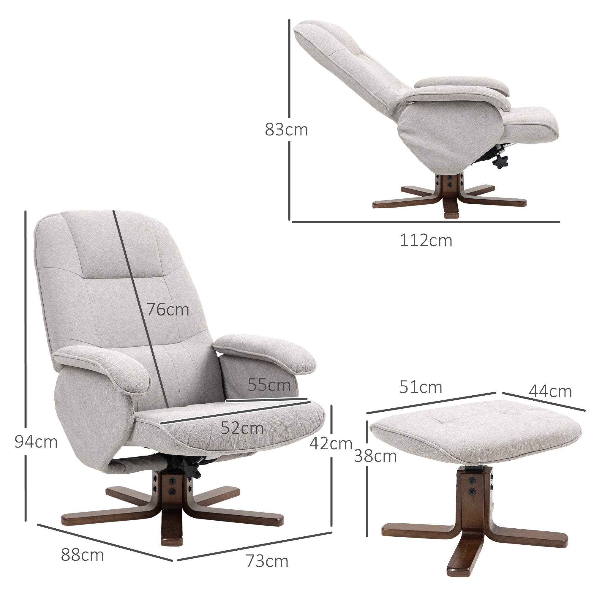Beige linen-look upholstered recliner chair with wooden bases and matching ottoman for cozy living room seating
