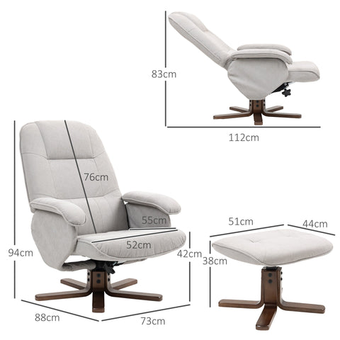 Beige linen-look upholstered recliner chair with wooden bases and matching ottoman for cozy living room seating