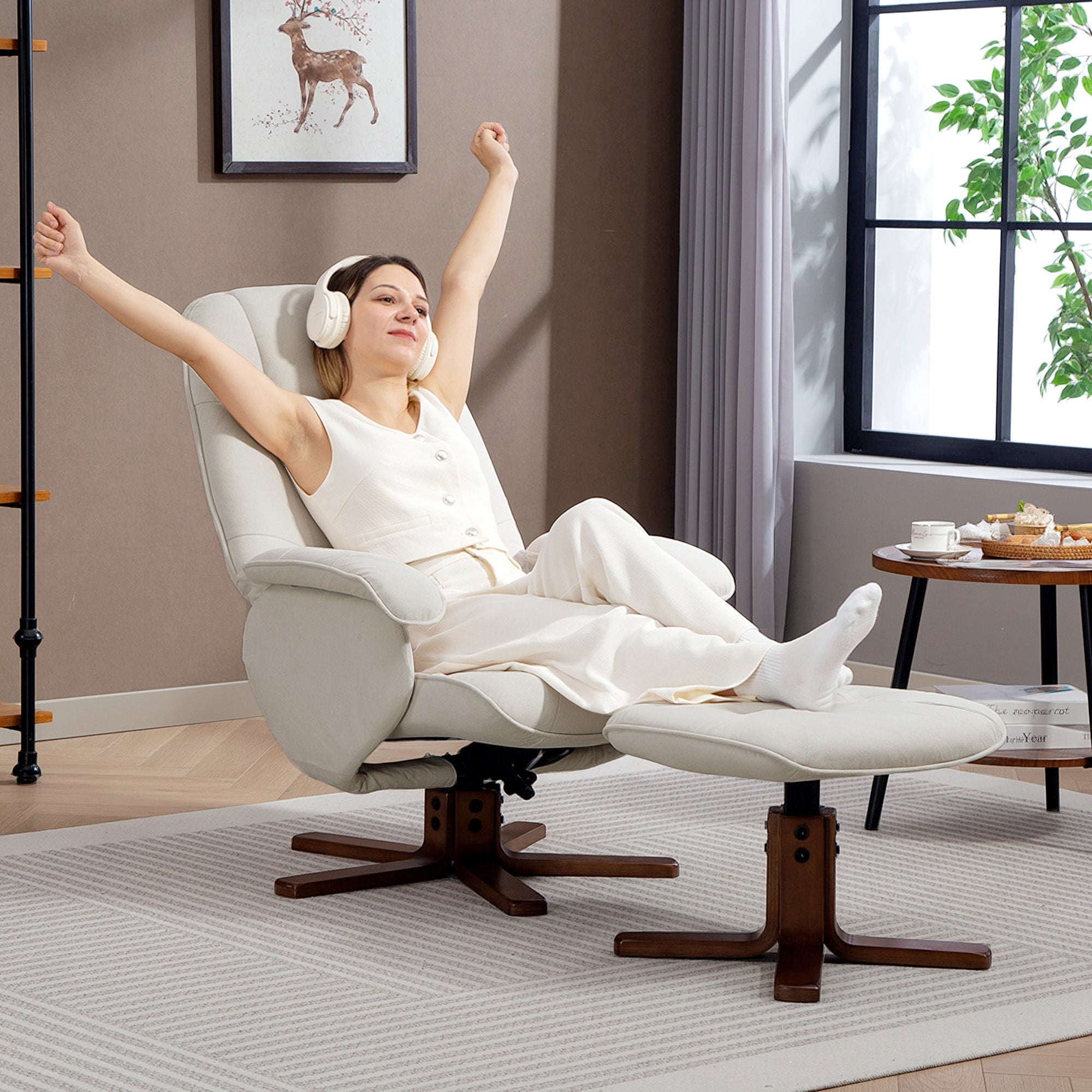 Cream-colored homcom linen-look recliner chair with plush upholstery and wooden base with matching ottoman for living room