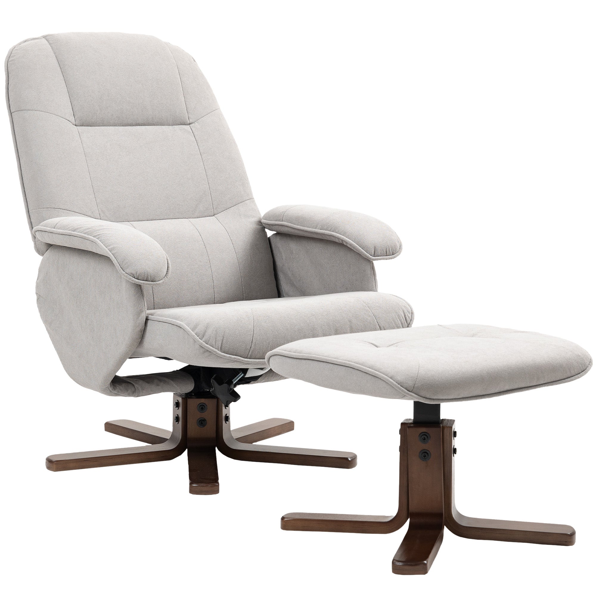 Light grey homcom linen-look recliner chair with plush fabric and dark wooden bases with matching ottoman for living room