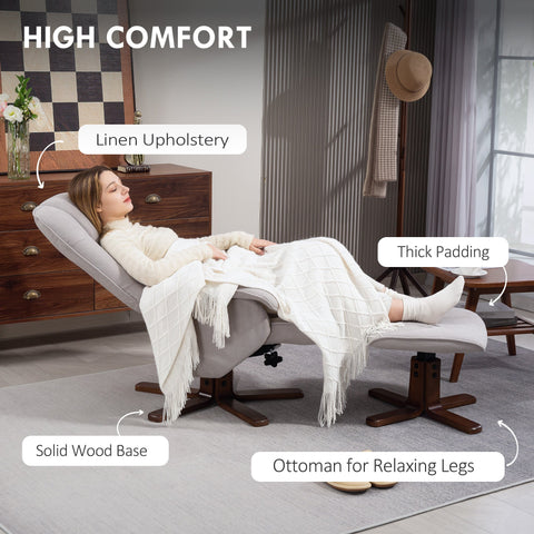 Light grey homcom recliner chair with thick padded linen-look upholstery and wooden base for living room use