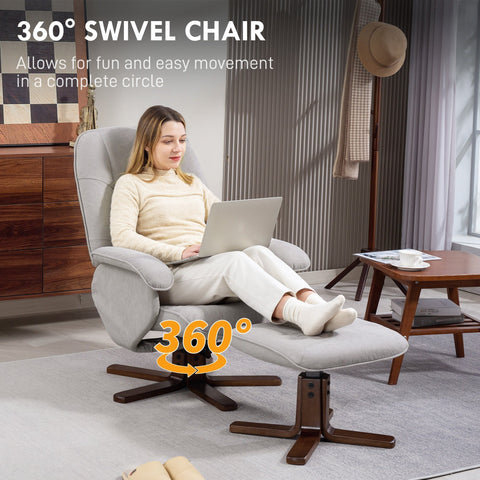 Light grey linen-look recliner chair with 360-degree swivel and wooden bases perfect for the living room