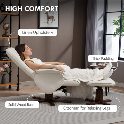 Beige homcom linen-look upholstery recliner chair with thick padding wooden base and footstool for living room