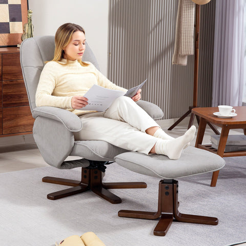 Gray upholstered recliner chair with linen-look upholstery and wooden bases with matching ottoman for living room use