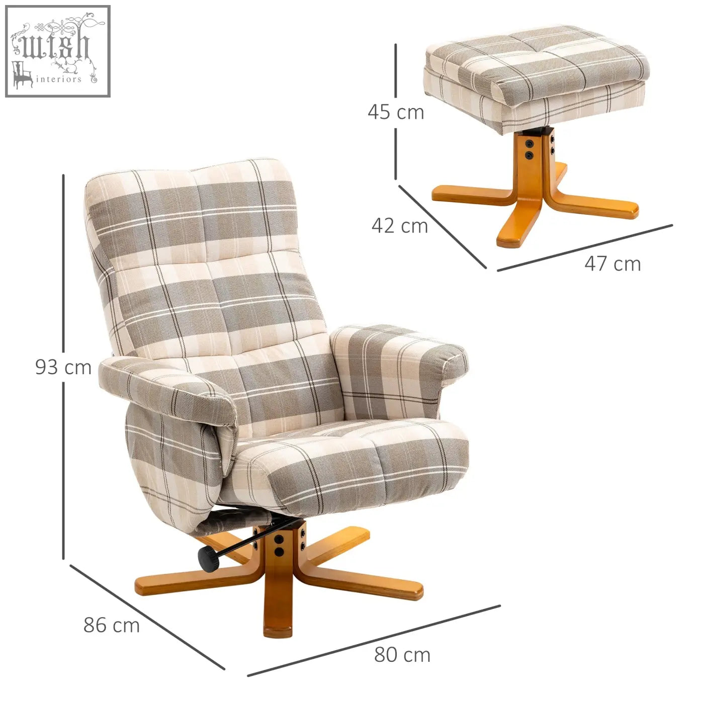 Multicolor homcom linen swivel recliner chair with plaid pattern wooden base and star footstool for living room