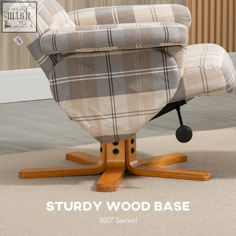 Plaid homcom linen swivel recliner chair with wooden base and 360-degree swivel for cozy living room seating